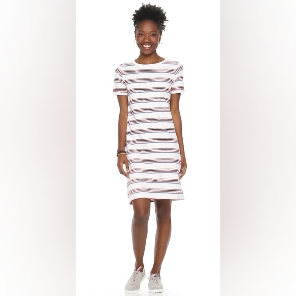 Sonoma Life Is Good Women’s LARGE Navy Blue White Striped T-shirt Dress NWOT